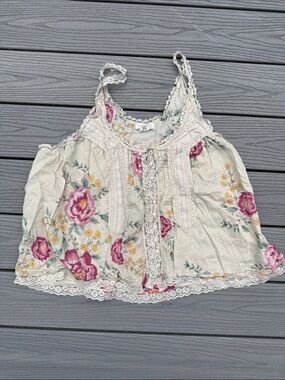Floral Lace-Trim Cotton Cami Tank Top - Cream with Pink Roses